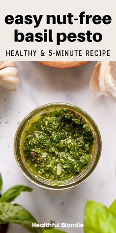 This 5-minute nut-free pesto is bright, garlicky, and so versatile! Made with fresh basil, spinach, Parmesan, and no pine nuts, this basil pesto recipe is perfect for pasta, sandwiches, and more. A homemade sauce that's healthy, freezer-friendly, and packed with flavor!