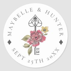 a round sticker with the words, maybele & hunter on it and flowers