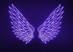 two white wings on a purple background with blue light in the middle and one wing out