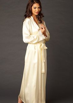 Indulgence Silk Robe Elegant Long Cream Robe, Elegant Cream Robe For Wedding Night, Elegant Cream Silk Robe, Elegant Long Sleeve Cream Sleepwear, Elegant Cream Robe With Long Sleeves, Elegant Cream Long Sleeve Robe, Elegant Cream Sleepwear, Long Sleeve Silk Wedding Sleepwear, Feminine Cream Robe For Wedding Night