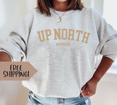 Up North Michigan Sweatshirt Great Lakes State Sweatshirt Lake Life Shirt, Lake Beach Bum Tee Lake T Shirt Sweatshirt for Camping Sweater by BluewaterDesignsbySR on Etsy Comfortable Fit Crew Neck Top For Leisure, Comfortable Crew Neck Top For Leisure, Comfortable Crew Tops With Letter Print, Comfortable-fit Letter Print Crew Tops, Camping Sweater, Up North Michigan, Lake Life Shirt, Michigan Sweatshirt, Lake Beach