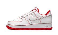 The Nike Air Force 1 Low ‘07 “Contrast Stitch - White/Red” gives a subtle update to the classic “White on White” colorway of the retro basketball and lifestyle silhouette. One of several colorways in the Air Force 1’s “Contrast Stitch” collection, the “White/Red” is an essential footwear option for any sneaker collection. White leather appears on the perforated toe, mid-panel, and heel. University Red contrast stitching outlines each panel on the upper and borders the tonal Swoosh detailing on e Shoes 2021, Nike Shoes Air Force, Retro Basketball, Shoes Air, Fancy Shoes, Red Nike, Nike Air Force 1 Low, Stadium Goods, Mens Nike Air