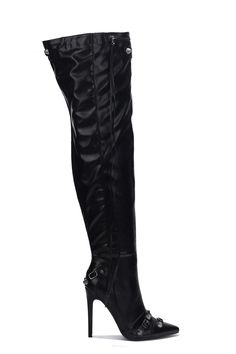 Put a little sass in your step with these stunning Pofin-2 thigh-high boots! A metallic finish gives them a touch of glam, while the stud and buckle trim and dangling lace zipper add a flirty flair. Comes in black and silver. pointy toe high heels thigh high boots stud and buckle trim metallic PU dangling lace zipper Knee Thigh Boots, Bold Heels, Pointy Toe Boots, High Heeled Boots, Boots High Heels, Chic Sandals, Thigh Boots, Denim Boots, Thigh Boot