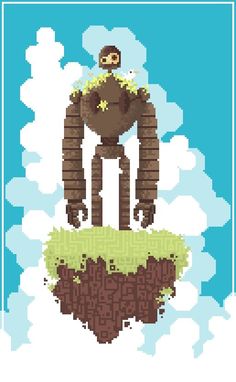 a pixellated image of an animal standing on top of a small island in the sky