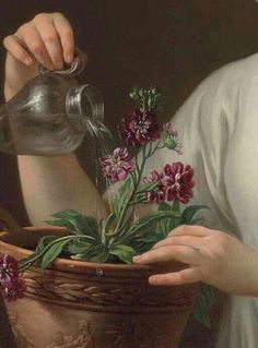 a painting of a woman pouring water into a pot filled with flowers