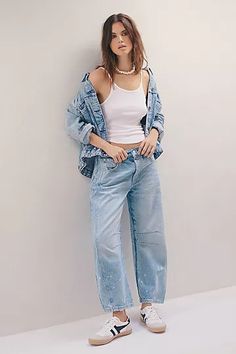 We The Free Good Luck Mid-Rise Barrel Jeans | Free People Faded Wide Leg Cropped Jeans For Spring, Wide Leg Cropped Jeans For Spring, Distressed Wide Leg Cropped Jeans With Relaxed Fit, Washed Tapered Leg Cropped Jeans For Spring, Good Luck, Jeans Shop, Ankle Length, Mid Rise, Boho Outfits