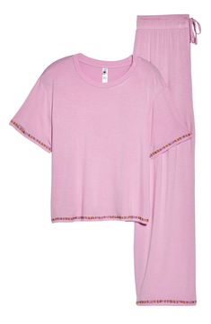 Short-sleeve pajamas in a blissfully soft knit you'll want to live in are traced with colorful embroidery. 21 1/2" top length; 28" inseam; 10 1/2" leg opening; 11 1/2" front rise; 14 1/2" back rise Top has crewneck; short sleeves Pants have drawstring waist 95% rayon, 5% spandex Machine wash, line dry Imported Colorful Embroidery, All American, Honeydew, Soft Knits, Drawstring Waist, Open Shoulder Tops, Pajamas, Short Sleeves, Nordstrom