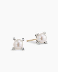 David Yurman | Pearl Stud Earrings in Sterling Silver with Pearls and Diamonds, 7.4mm Timeless Sterling Silver Pearl Earrings With Diamond Accents, Classic Single Earring With Round Cut, Classic White Diamond Single Earring, Classic White Single Diamond Earring, Refined Sterling Silver Earrings For Gift, David Yurman Earrings, Womens Earrings Studs, Pearl And Diamond Earrings, Rare Gemstones