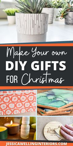 the words make your own diy gifts for christmas on top of pictures of candles and potted plants