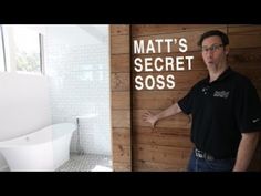 a man standing in front of a toilet next to a sign that says matt's secret soss