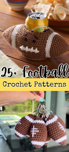 If you're looking for crochet football patterns, I've got you covered with 25+ free crochet patterns. From plushies and housewares to pillows and blankets, there's a football crochet pattern here for everyone. Crochet Sports Patterns Free, Crochet Football Cup Cozy, Crocheted Football Pattern, Football Granny Square, Free Football Crochet Patterns, Crochet Ideas For Men Dads, Nfl Crochet Patterns Free, Football Crochet Pattern, Tennessee Vols Crochet Patterns