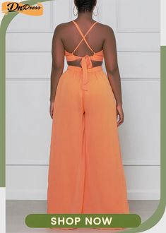 Orange Sexy Casual Solid Backless V Neck Regular Jumpsuits Fashion Games, Jumpsuit, V Neck, Orange, Free Shipping