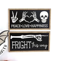 "Fright This Way and Peace Love Happiness Halloween Laser Cut Digital File | Cute Halloween SVG | Skeleton  SVG  | Halloween Sign | Bat SVG | Cute Fall Decor | Boho Halloween Haunted House  | Cute Halloween | Halloween Decor | Bones SVG | Fall Cut Out  DIGITAL FILE DETAILS: -16\" x 8\"  You will receive 2 SVG file that include both signs NO PHYSICAL ITEM WILL BE SENT. YOU ARE PURCHASING A DIGITAL FILE ONLY. NO RETURNS OR REFUNDS. NO DIGITAL RESALE OF FILE.   Please refer to your machine for cutt Halloween Laser Engraving Ideas, Cute Halloween Signs Diy, Laser Cut Halloween Decor, Laser Halloween Ideas, Fall Laser Projects, Halloween Sign Ideas, Halloween Signs And Sayings, Laser Cut Projects Ideas, Halloween Cricut Ideas