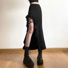 Street High Waist Hip Split Skirt | Best price | Free shipping! | Check it now! | 90s Goth Fashion, Goth Skirt, Dark Academia Fashion, Academia Fashion, Fishtail Skirt, Split Skirt, Black Ruffle, Grunge Aesthetic, Unique Outfits