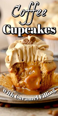 coffee cupcakes with caramel filling are on a plate and the title reads, coffee cupcakes with caramel filling