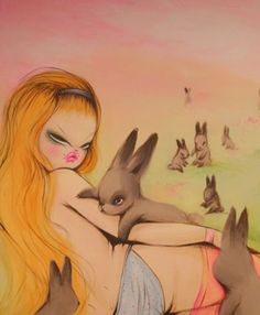 a painting of a woman hugging a rabbit with rabbits in the back ground behind her