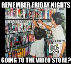 two young boys reaching for video games in a store with text reading, remember friday nights going to the video store?