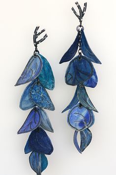 Upturned Petal Blossom Earrings in Cobalt and Azure by Carol Windsor (Silver & Paper Earrings) | Artful Home Artistic Blue Sterling Silver Earrings, Unique Blue Long Drop Earrings, Feather Earrings Diy, Watercolor Jewelry, Silver Paper, Unique Jewelry Gifts, Paper Earrings, Feather Crafts, Artful Home