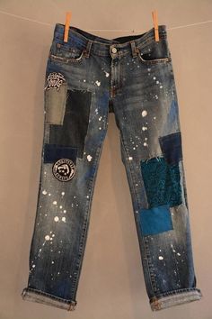 Redone Jeans, Boho Jeans, Work Jeans, Patterned Jeans, Jean Straight, Vintage Patches, Denim Diy, Painted Denim