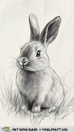 a pencil drawing of a rabbit sitting in the grass with its head turned to the side