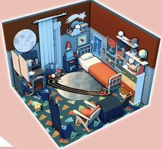 this is an image of a bedroom in the style of dollhouse with furniture and accessories