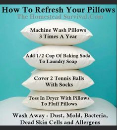 four pillows stacked on top of each other with the words how to refresh your pillows