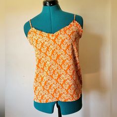 New Orange Floral Spaghetti Strap Tank Top White Printed Camisole Top, Orange Sleeveless Camisole For Spring, White Printed Cami Tops, Orange Camisole Tank Top For Spring, Spring Orange Camisole Casual Style, Printed Cotton Top With Spaghetti Straps, Printed Cotton Tops With Spaghetti Straps, Fitted Orange Spaghetti Strap Top, Fitted Orange Camisole For Summer