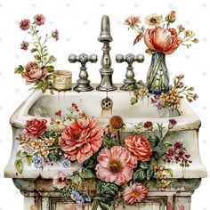 a sink with flowers painted on it and two faucets next to the sink