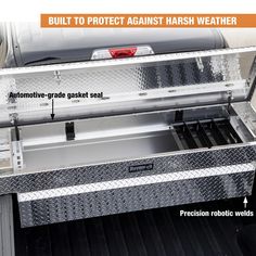 an aluminum tool box with the words built to protect against harsh weather