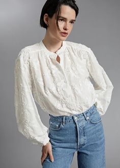 Voluminous Stand Collar Blouse - White Flower Embroidery - Blouses - & Other Stories US White Flower Embroidery, Applique Blouse, Stand Collar Blouse, White Blouses, Chic Blouses, Simply Chic, Embroidery Blouse, Blouse White, Flower Embroidery