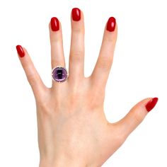 This striking ring features a 14.70 carat amethyst cabochon set in rose gold with bright pink sapphires and diamonds. The amethyst has beautiful crystalline purple color with pinkish highlights, accentuated by the 18k rose gold setting. A row of brilliant diamonds adorns the perimeter of the bezel, followed by a second row of sparkling pink sapphires that together create a stunning frame and make this ring eye-catching from all angles! Perfect for everyday and special occasions! Ring measures ap Purple Amethyst Cabochon Ring Fine Jewelry, Fine Jewelry Purple Amethyst Cabochon Ring, Luxury Amethyst Cabochon Ring, Luxury Purple Amethyst Cabochon Ring, Luxury Purple Cabochon Amethyst Ring, Ruby Sapphire, Ring Pendant Necklace, Brilliant Diamond, Smoky Quartz