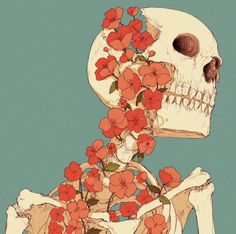 a skeleton with red flowers growing out of it's back end, against a blue background