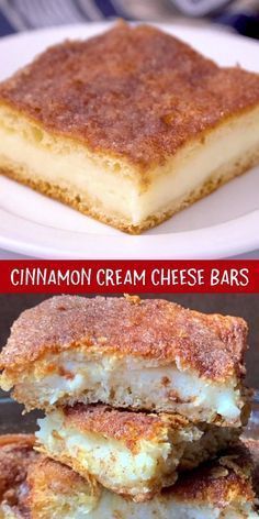 three different types of cheese bars stacked on top of each other with the words cinnamon cream cheese bars below