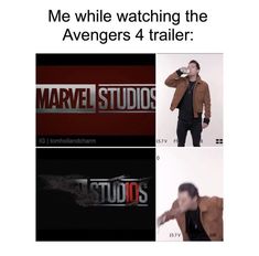 the avengers 4 trailer is shown in three different pictures, including one man drinking from a bottle