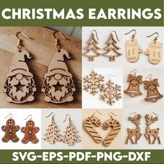 wooden christmas earrings are shown in different styles and designs, including gingerbreads, snowflakes, santa's helper, reindeer