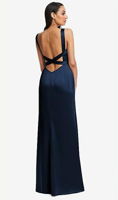 Framed Bodice Criss Criss Open Back A-line Maxi Bridesmaid Dress In Midnight Navy | The Dessy Group Satin Dresses With Lace-up Low Back, Elegant Low-back Prom Dress, Formal Dresses With Keyhole Back, Formal Evening Dress With Tie And Low Back, Elegant Dress With Keyhole Back And Fitted Bodice, Elegant Evening Dress With Lace-up Back For Night Out, Low Back Tie Evening Dress For Prom, Formal Backless Evening Dress With Tie Back, Sleek Fitted Backless Dress With Tie Back