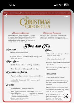 the christmas chronicles menu is shown in red and white