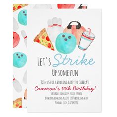 a birthday party card with bowling balls, pizza and drinks