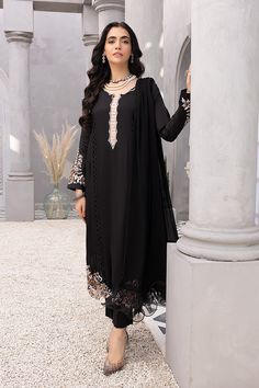 Azure Mythic Onyx Vogue Premium Black Chiffon Long Sleeve Sets, Unstitched Black Suits For Eid, Elegant Black Chiffon Set, Elegant Black Georgette Lawn Suit, Elegant Chiffon Lawn Suit For Formal Occasions, Black Georgette Lawn Suit For Wedding, Fitted Black Georgette Lawn Suit, Elegant Fitted Chiffon Lawn Suit, Elegant Black Georgette Set