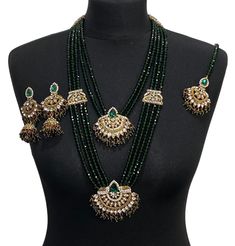 Mala jewellery set. Set includes- Mala Necklace  Earrings  Tikka Ceremonial Green Kundan Bridal Sets, Green Bridal Sets For Diwali Ceremonial, Green Kundan Bridal Sets For Celebration, Green Temple Jewelry Sets For Ceremonial Occasions, Green Temple Jewelry Sets For Wedding, Ceremonial Green Bridal Sets With Stone Work, Ceremonial Green Bridal Set With Stone Work, Green Kundan Jewelry For Wedding, Ceremonial Kundan Jewelry With Latkans