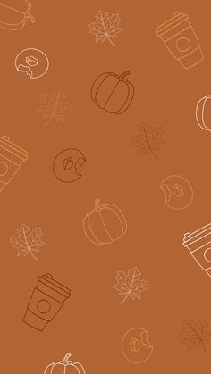 an orange background with many different items in the fall season, including pumpkins and leaves