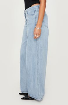 Flaunt vintage vibes in these light-wash nonstretch jeans featuring a low-rise waist and full-length wide legs. 31" inseam; 25" leg opening; 10 1/2" front rise; 14" back rise (size 8) Zip fly with button closure Five-pocket style 70% cotton, 15% viscose, 15% polyester Machine wash, line dry Imported Everyday Full Length Medium Wash Bottoms, Everyday Medium Wash Full Length Flare Jeans, Everyday Medium Wash Full-length Flare Jeans, Everyday Mid-rise Light Wash Flare Jeans, Light Indigo Wide Leg Jeans, Spring Medium Wash Full-length Flare Jeans, Faded Relaxed Fit Full Length Flare Jeans, Faded Full Length Relaxed Fit Flare Jeans, Everyday Full Length Washed Bottoms