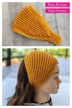 two pictures of the same knitted headbands, one in yellow and one in orange