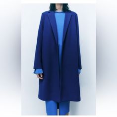 Zara Royal Blue Coat Chic Blue Outerwear For Work, Casual Blue Office Outerwear, Zara Blue Outerwear For Office, Zara Blue Formal Outerwear, Zara Blue Office Outerwear, Chic Blue Outerwear For The Office, Chic Blue Outerwear For Office, Elegant Blue Outerwear For Office, Zara Blue Winter Outerwear