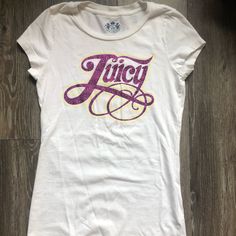 Glittery Juicy Couture T Shirt, New And Never Worn Spring Glitter Print Crew Neck T-shirt, Spring Crew Neck T-shirt With Glitter Print, Fitted Casual Top With Glitter Print, Casual T-shirt With Glitter Print, Casual Glitter Print T-shirt For Spring, Cotton Glitter Print T-shirt, Trendy Short Sleeve Glitter Print T-shirt, Trendy Short Sleeve Top With Glitter Print, Casual Short Sleeve Glitter Tops