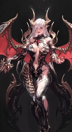 a woman with horns and wings standing in front of a black background