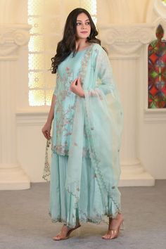 Aqua blue kurta with floral thread and beads embroidery. Paired with coordinating sharara and scallop hem dupatta. - Aza Fashions Kurta And Sharara Set, Kurta And Sharara, Blue Kurta, Beads Embroidery, Scallop Hem, Beaded Neckline, Embroidery Floral, Sharara Set, Silk Organza