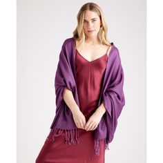 Our Cashmere Silk Scarf combines two of our favorite materials. This super soft, airy scarf has long fringe borders for a classic yet elegant look you'll love wearing around. | Quince | Women's Featherweight Cashmere Silk Fringe Scarf in Royal Purple Cashmere Robe, Cashmere Wrap, Fringe Scarf, Womens Cashmere, Silk Slip Dress, Silk Dyeing, Royal Purple, Silk Slip, Silk Material