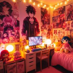 a bedroom with anime posters on the wall and stuffed animals in front of it,