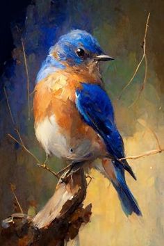 a painting of a blue bird perched on a branch